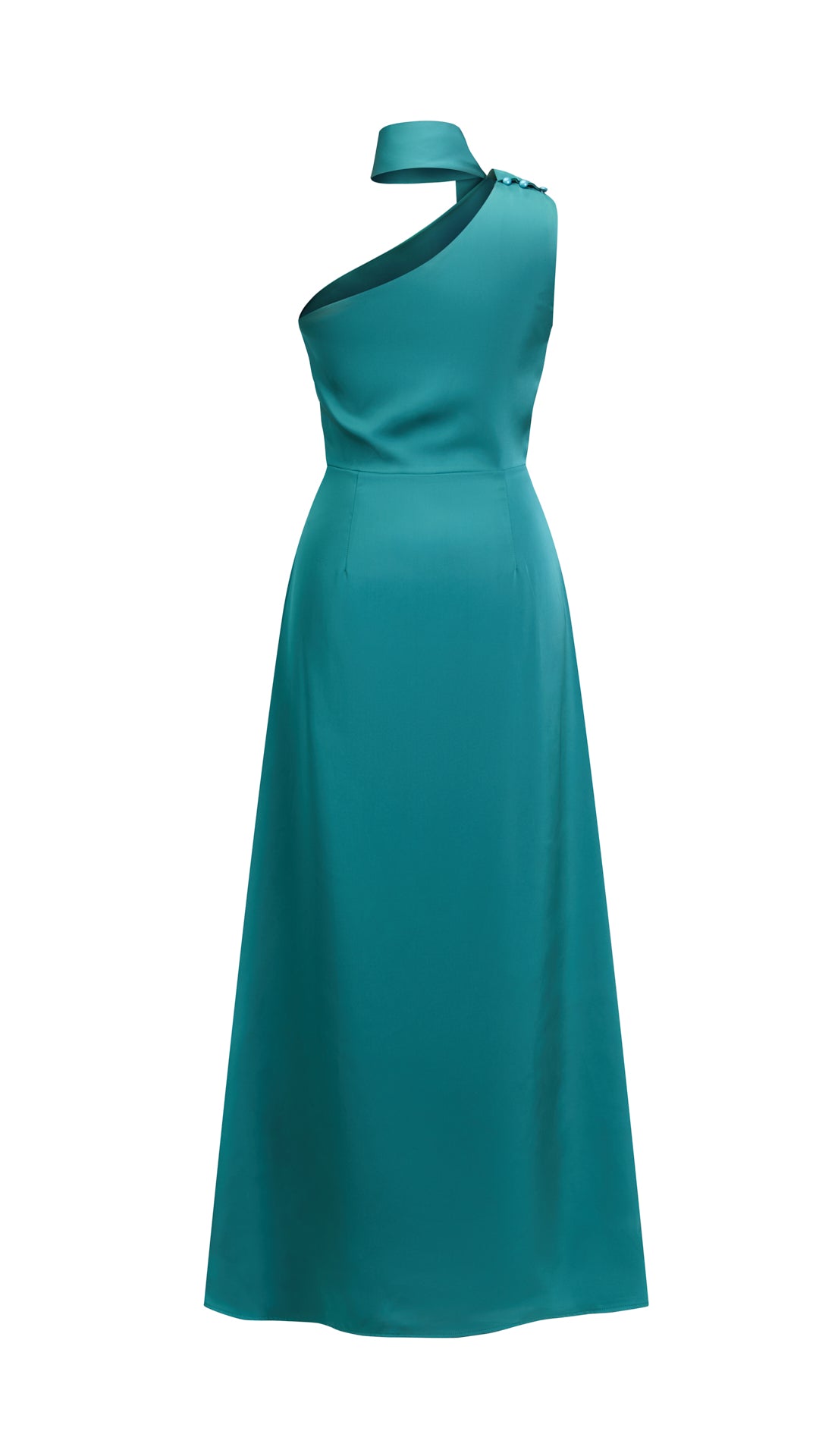 Abito Lungo Monospalla con Collarino e Fiocco in Satin - Eleganza per Matrimoni e Serate Speciali