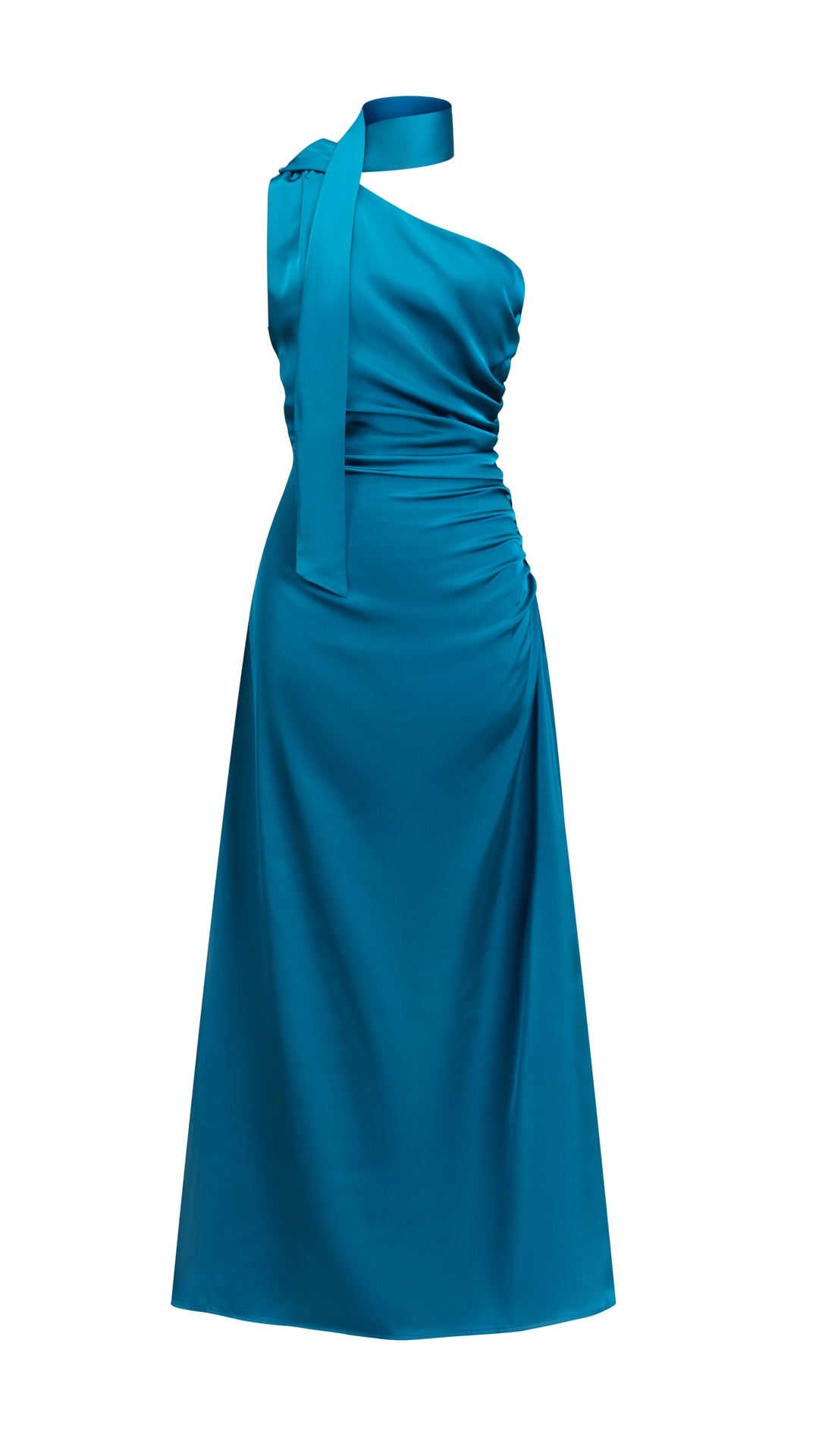 Abito Lungo Monospalla con Collarino e Fiocco in Satin - Eleganza per Matrimoni e Serate Speciali