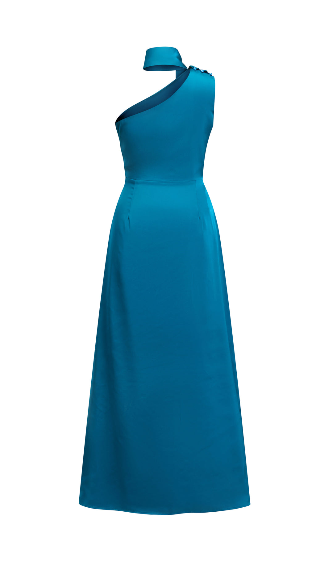 Abito Lungo Monospalla con Collarino e Fiocco in Satin - Eleganza per Matrimoni e Serate Speciali（副本）