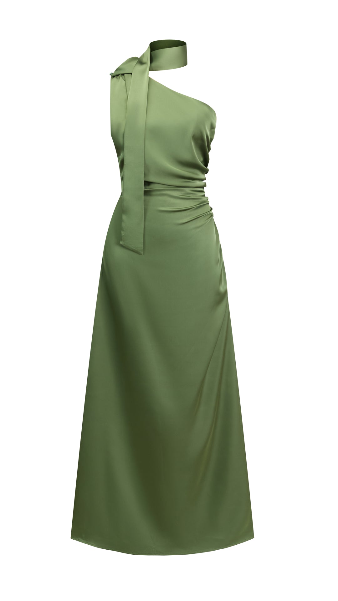 Abito Lungo Monospalla con Collarino e Fiocco in Satin - Eleganza per Matrimoni e Serate Speciali