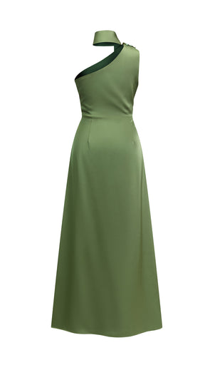 Abito Lungo Monospalla con Collarino e Fiocco in Satin - Eleganza per Matrimoni e Serate Speciali