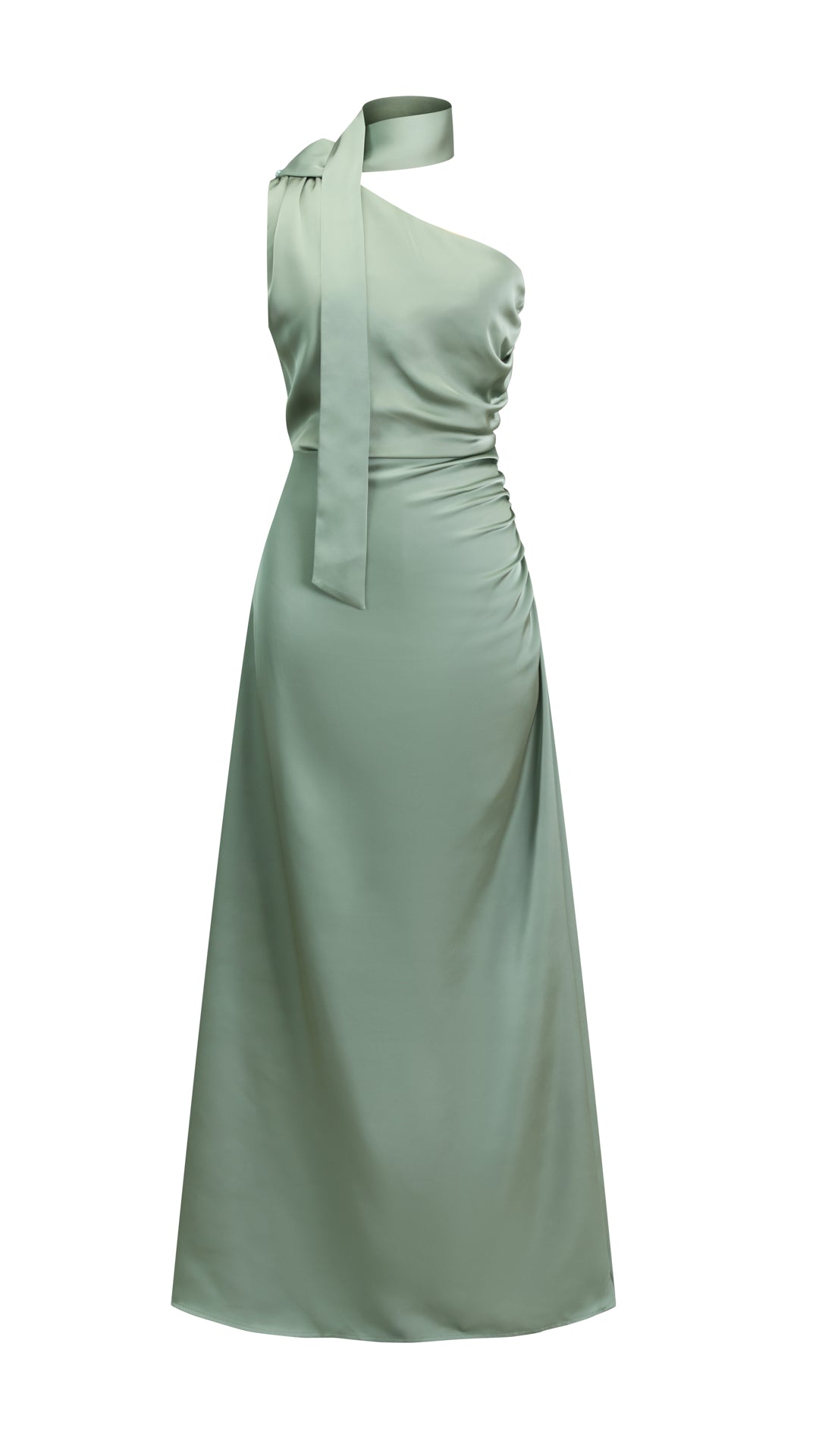Abito Lungo Monospalla con Collarino e Fiocco in Satin - Eleganza per Matrimoni e Serate Speciali