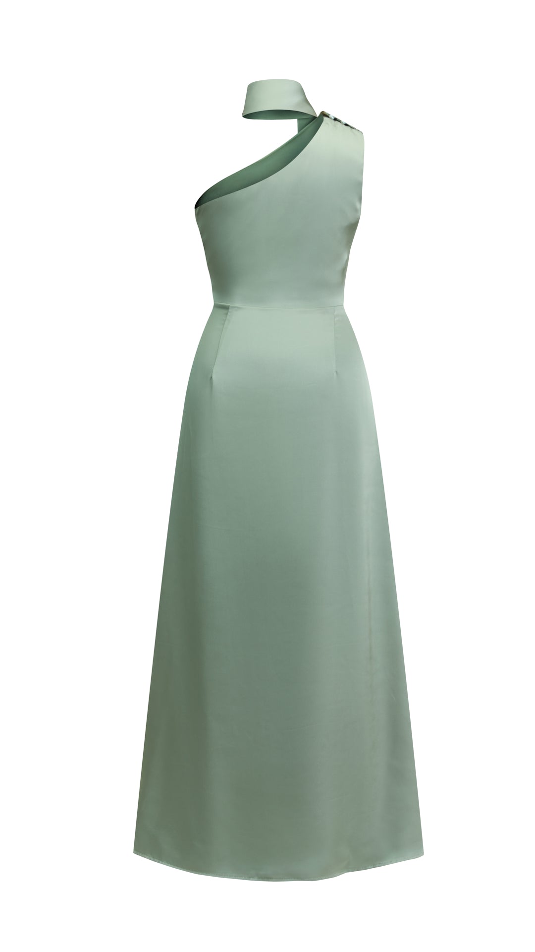 Abito Lungo Monospalla con Collarino e Fiocco in Satin - Eleganza per Matrimoni e Serate Speciali