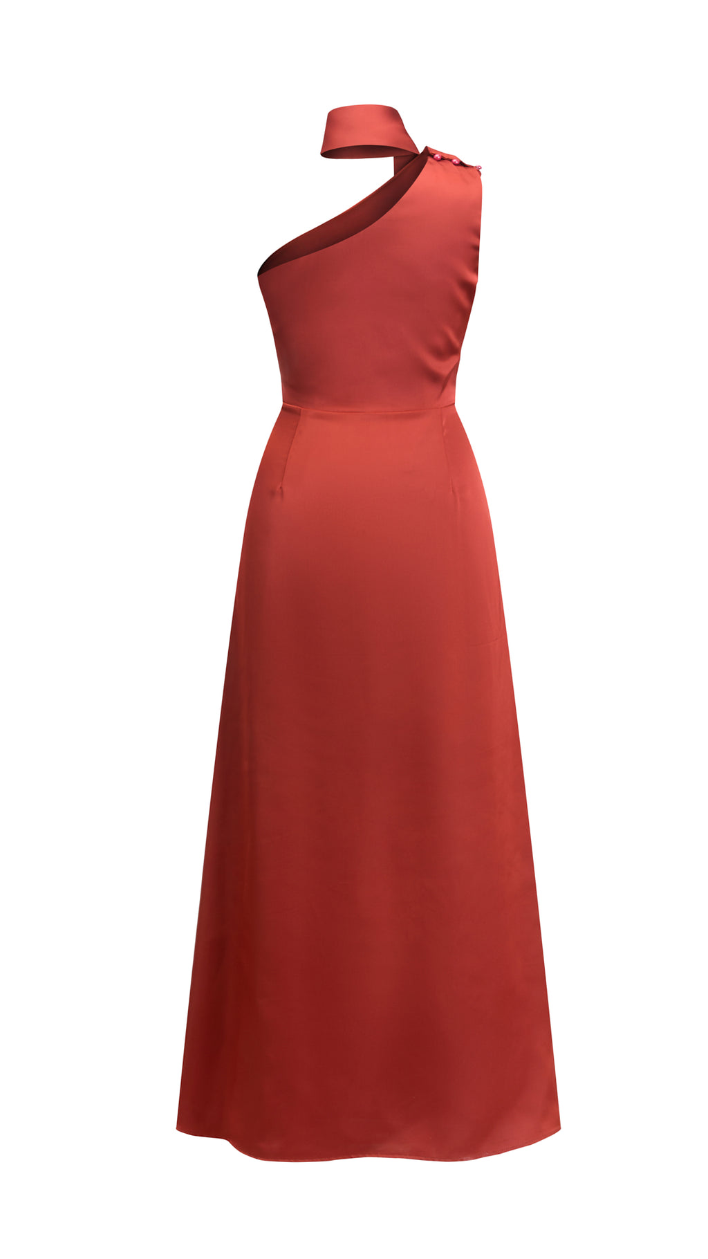 Abito Lungo Monospalla con Collarino e Fiocco in Satin - Eleganza per Matrimoni e Serate Speciali（副本）
