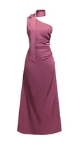 Abito Lungo Monospalla con Collarino e Fiocco in Satin - Eleganza per Matrimoni e Serate Speciali（副本）