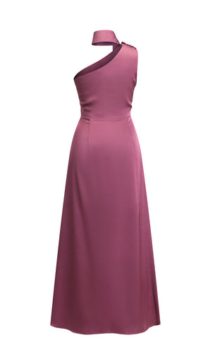 Abito Lungo Monospalla con Collarino e Fiocco in Satin - Eleganza per Matrimoni e Serate Speciali