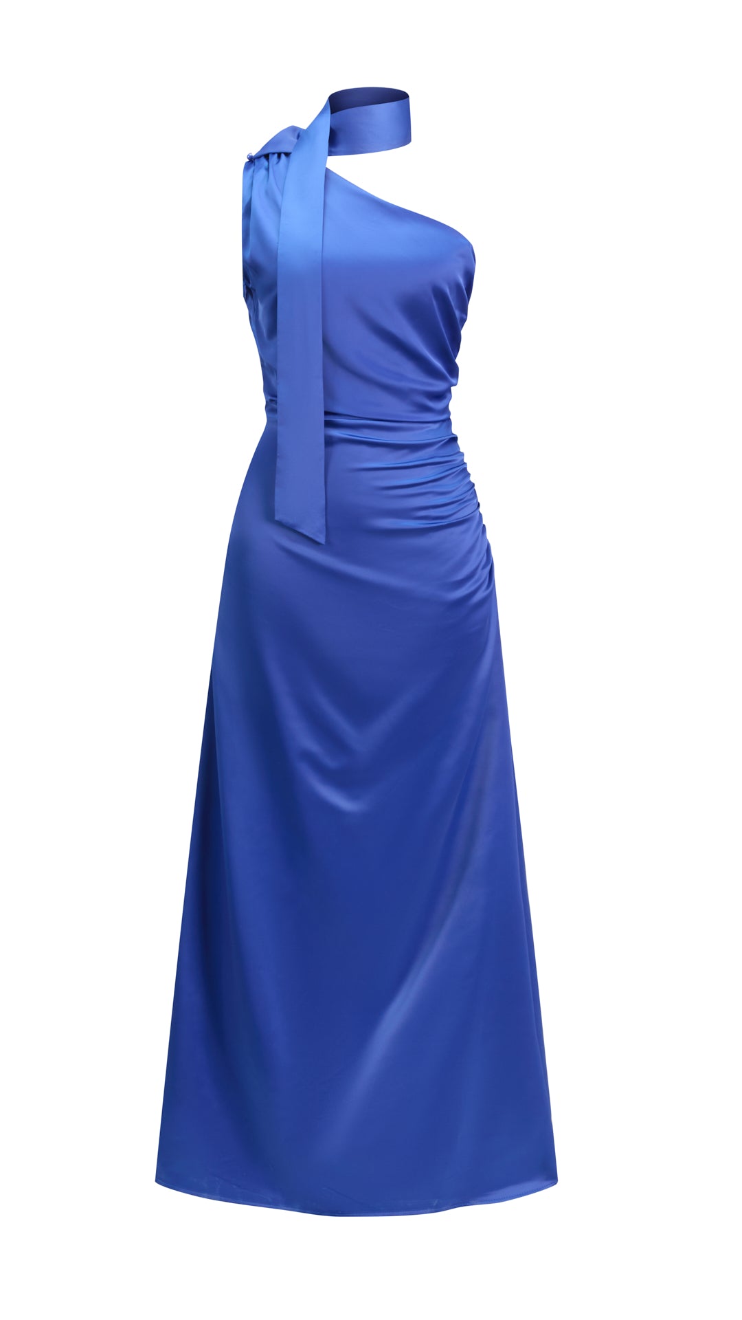 Abito Lungo Monospalla con Collarino e Fiocco in Satin - Eleganza per Matrimoni e Serate Speciali