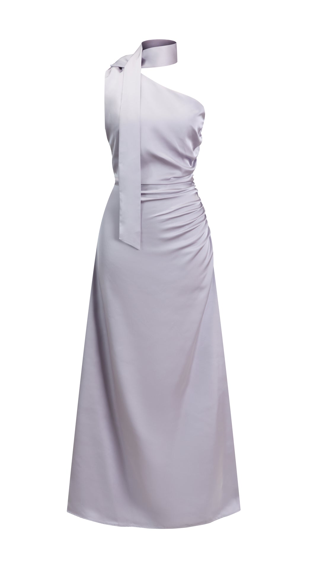 Abito Lungo Monospalla con Collarino e Fiocco in Satin - Eleganza per Matrimoni e Serate Speciali