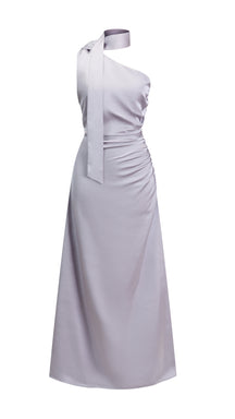 Abito Lungo Monospalla con Collarino e Fiocco in Satin - Eleganza per Matrimoni e Serate Speciali