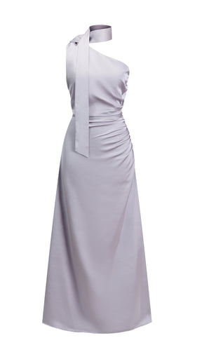 Abito Lungo Monospalla con Collarino e Fiocco in Satin - Eleganza per Matrimoni e Serate Speciali