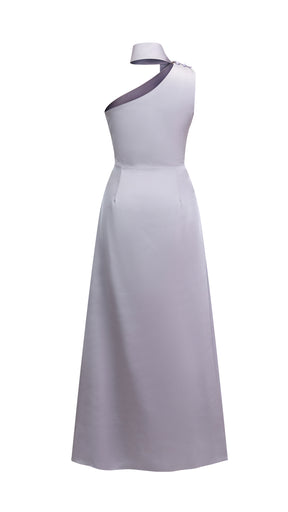 Abito Lungo Monospalla con Collarino e Fiocco in Satin - Eleganza per Matrimoni e Serate Speciali