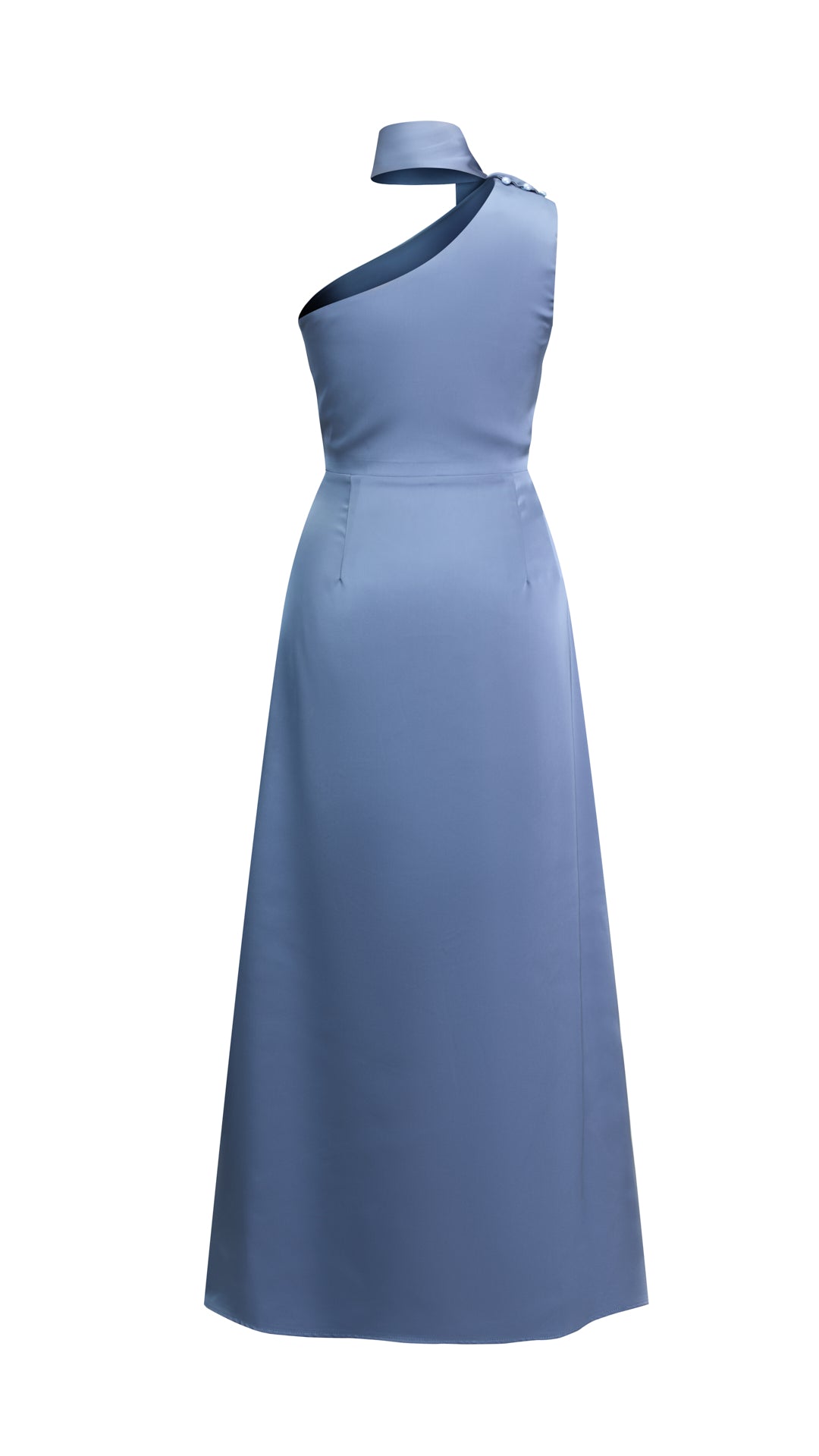 Abito Lungo Monospalla con Collarino e Fiocco in Satin - Eleganza per Matrimoni e Serate Speciali