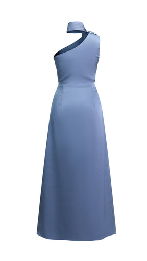 Abito Lungo Monospalla con Collarino e Fiocco in Satin - Eleganza per Matrimoni e Serate Speciali