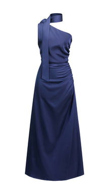 Abito Lungo Monospalla con Collarino e Fiocco in Satin - Eleganza per Matrimoni e Serate Speciali