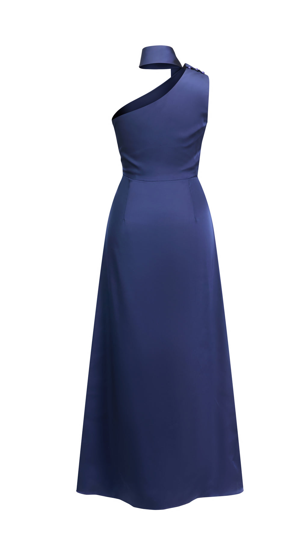 Abito Lungo Monospalla con Collarino e Fiocco in Satin - Eleganza per Matrimoni e Serate Speciali（副本）