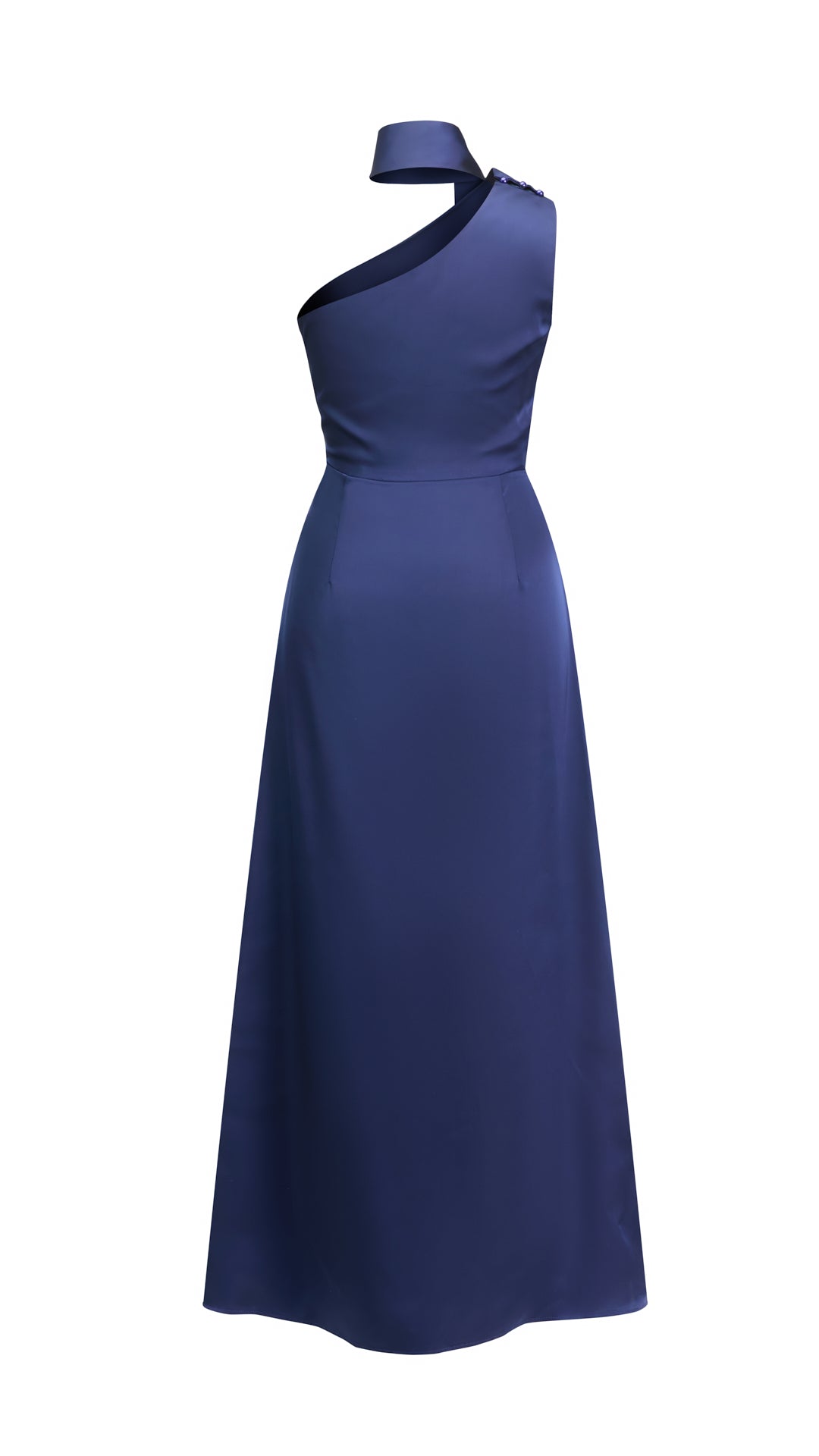 Abito Lungo Monospalla con Collarino e Fiocco in Satin - Eleganza per Matrimoni e Serate Speciali