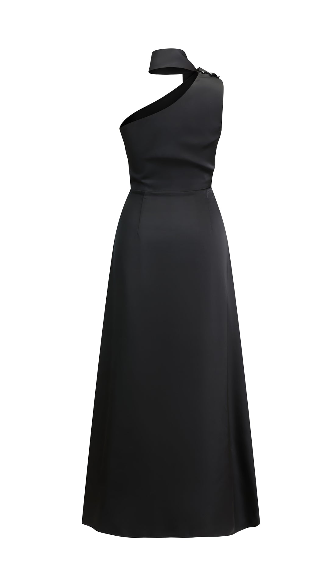 Abito Lungo Monospalla con Collarino e Fiocco in Satin - Eleganza per Matrimoni e Serate Speciali