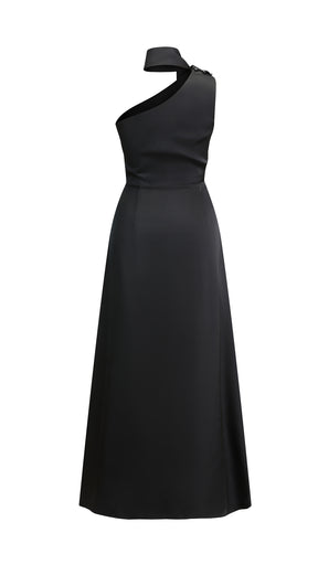 Abito Lungo Monospalla con Collarino e Fiocco in Satin - Eleganza per Matrimoni e Serate Speciali