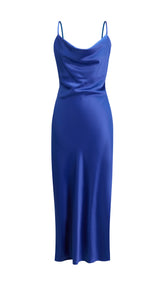 Abito Midi in Satin con Spalline e Scollatura a Collo d'Anatra - Eleganza Senza Tempo per Serate