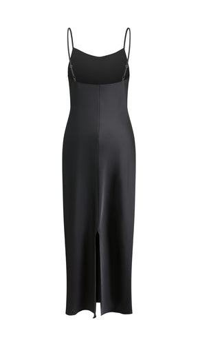 Abito Midi in Satin con Spalline e Scollatura a Collo d'Anatra - Eleganza Senza Tempo per Serate