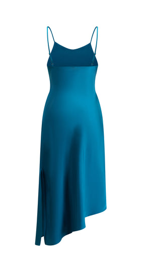 Abito Midi in Satin con Scollatura a Collo d'Anatra e Spalline - Eleganza Asimmetrica per Serate