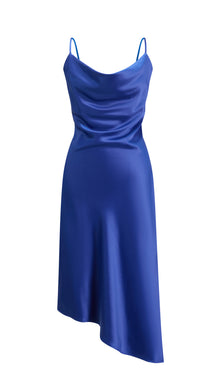 Abito Midi in Satin con Scollatura a Collo d'Anatra e Spalline - Eleganza Asimmetrica per Serate