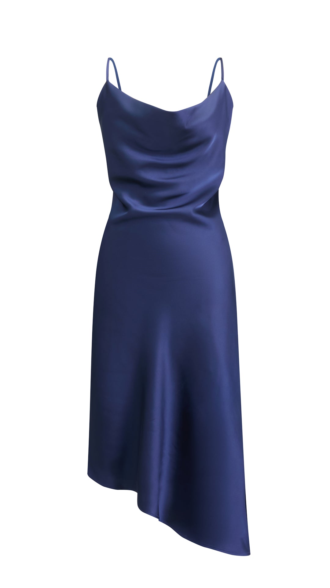 Abito Midi in Satin con Scollatura a Collo d'Anatra e Spalline - Eleganza Asimmetrica per Serate