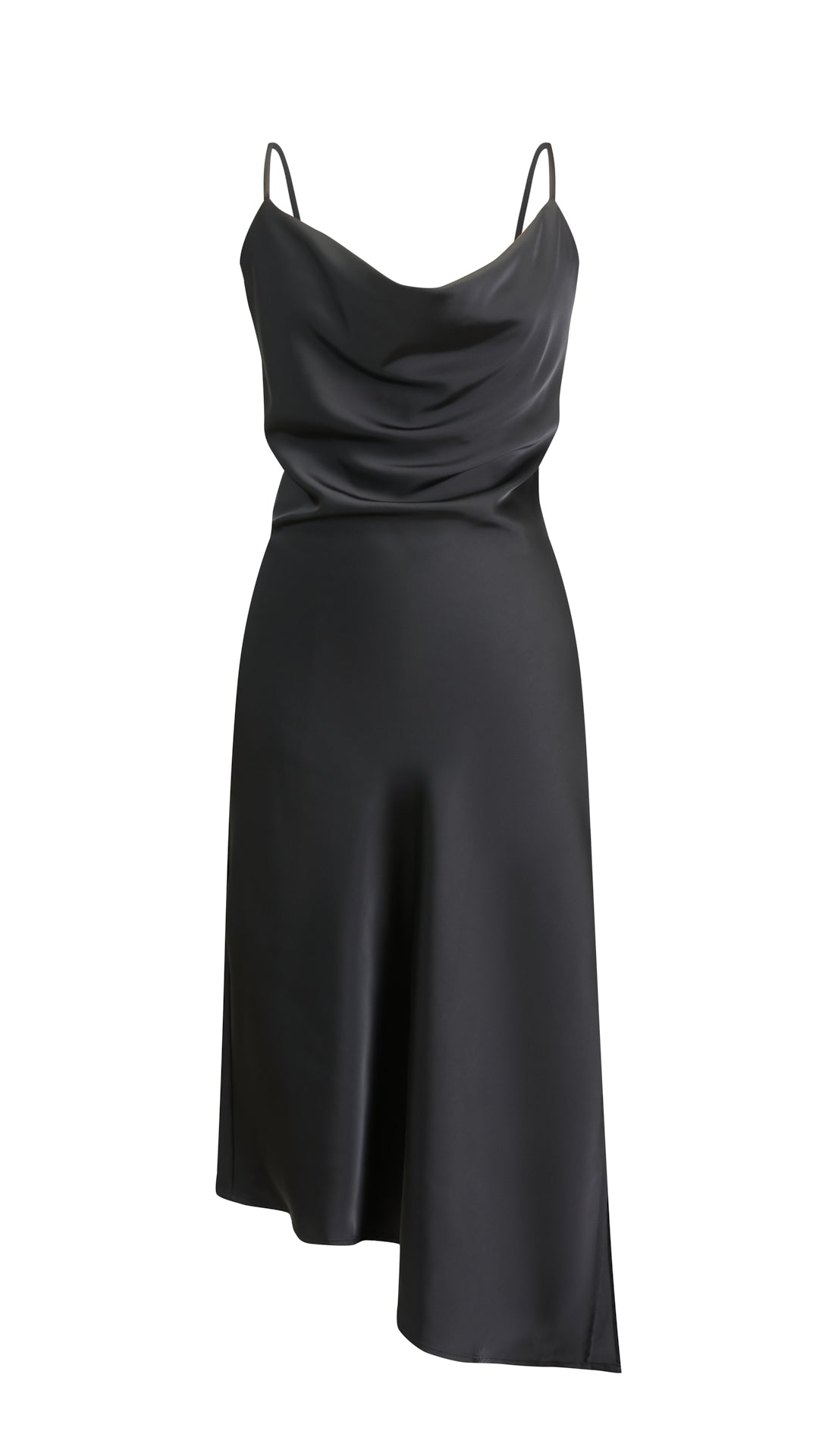 Abito Midi in Satin con Scollatura a Collo d'Anatra e Spalline - Eleganza Asimmetrica per Serate