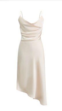 Abito Midi in Satin con Scollatura a Collo d'Anatra e Spalline - Eleganza Asimmetrica per Serate