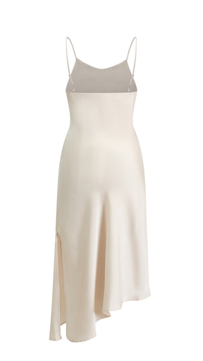 Abito Midi in Satin con Scollatura a Collo d'Anatra e Spalline - Eleganza Asimmetrica per Serate