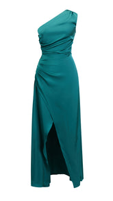 Abito Lungo Monospalla in Satin con Spacco - Eleganza Senza Tempo per Matrimoni e Serate