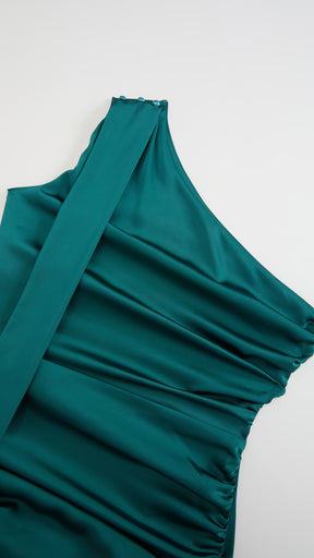Abito Lungo Monospalla con Collarino e Fiocco in Satin - Eleganza per Matrimoni e Serate Speciali