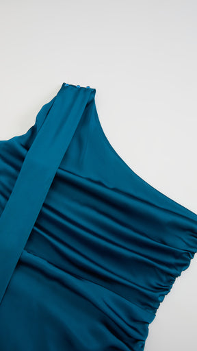 Abito Lungo Monospalla con Collarino e Fiocco in Satin - Eleganza per Matrimoni e Serate Speciali
