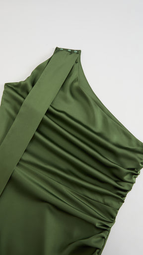 Abito Lungo Monospalla con Collarino e Fiocco in Satin - Eleganza per Matrimoni e Serate Speciali