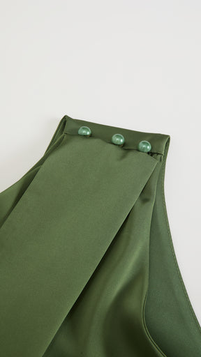 Abito Lungo Monospalla con Collarino e Fiocco in Satin - Eleganza per Matrimoni e Serate Speciali
