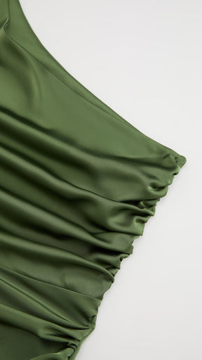 Abito Lungo Monospalla con Collarino e Fiocco in Satin - Eleganza per Matrimoni e Serate Speciali
