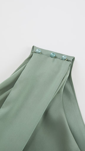 Abito Lungo Monospalla con Collarino e Fiocco in Satin - Eleganza per Matrimoni e Serate Speciali