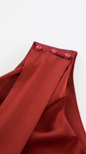 Abito Lungo Monospalla con Collarino e Fiocco in Satin - Eleganza per Matrimoni e Serate Speciali