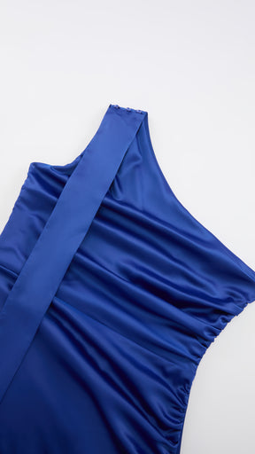 Abito Lungo Monospalla con Collarino e Fiocco in Satin - Eleganza per Matrimoni e Serate Speciali
