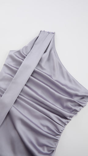Abito Lungo Monospalla con Collarino e Fiocco in Satin - Eleganza per Matrimoni e Serate Speciali