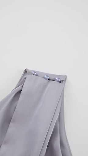 Abito Lungo Monospalla con Collarino e Fiocco in Satin - Eleganza per Matrimoni e Serate Speciali