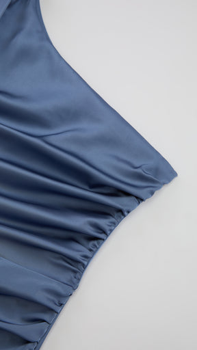 Abito Lungo Monospalla con Collarino e Fiocco in Satin - Eleganza per Matrimoni e Serate Speciali