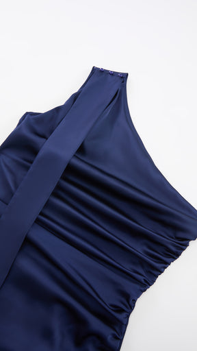Abito Lungo Monospalla con Collarino e Fiocco in Satin - Eleganza per Matrimoni e Serate Speciali