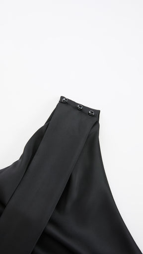 Abito Lungo Monospalla con Collarino e Fiocco in Satin - Eleganza per Matrimoni e Serate Speciali