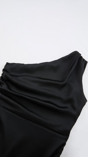 Abito Lungo Monospalla in Satin con Spacco - Eleganza Senza Tempo per Matrimoni e Serate