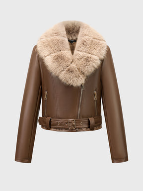 Giubbotto Biker in Pelle con Pelliccia, Giacca Moto Inverno Donna con Collo in Pelliccia, Chiusura a Cerniera e Fibbia Regolabile