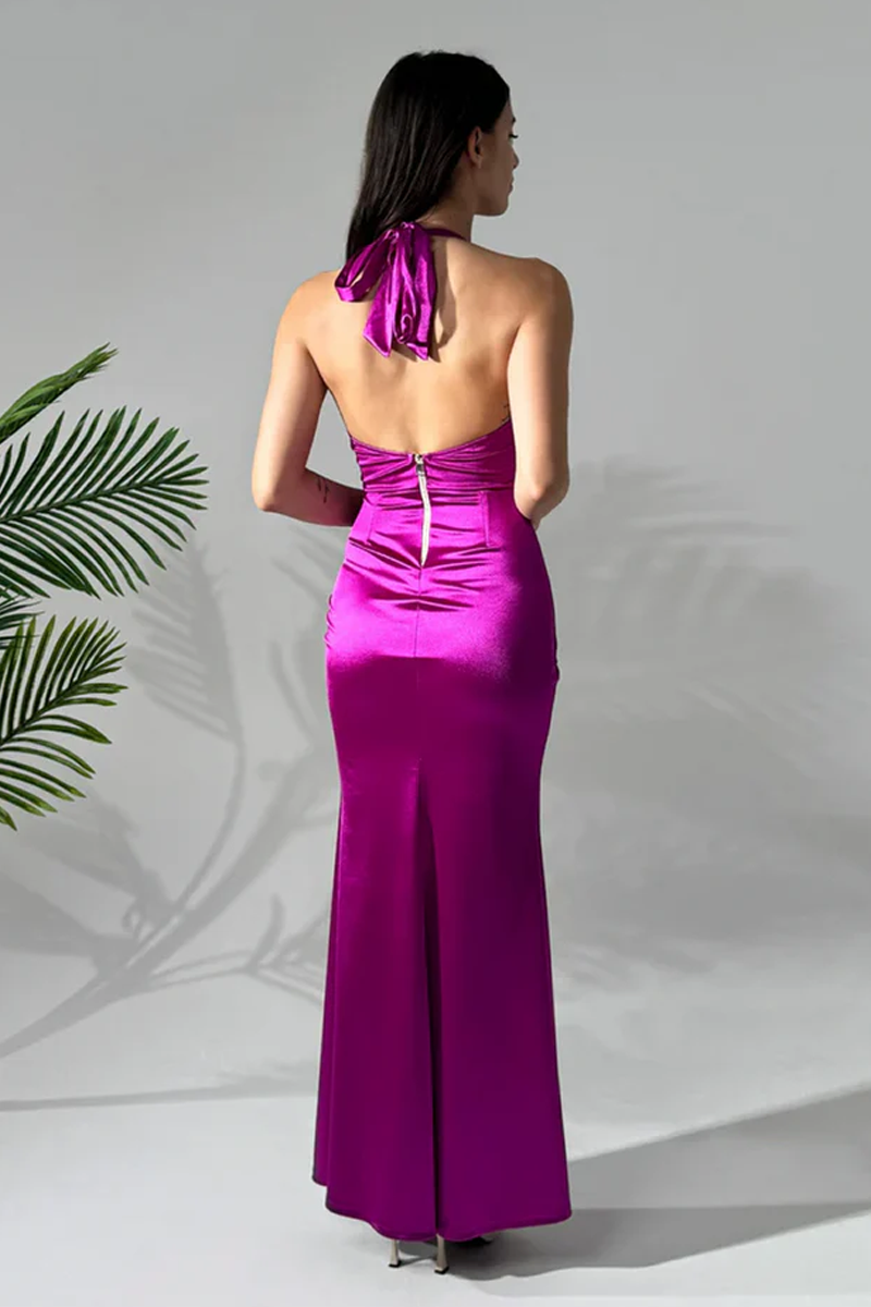 Aria Halter Neck Draped Satin Dress