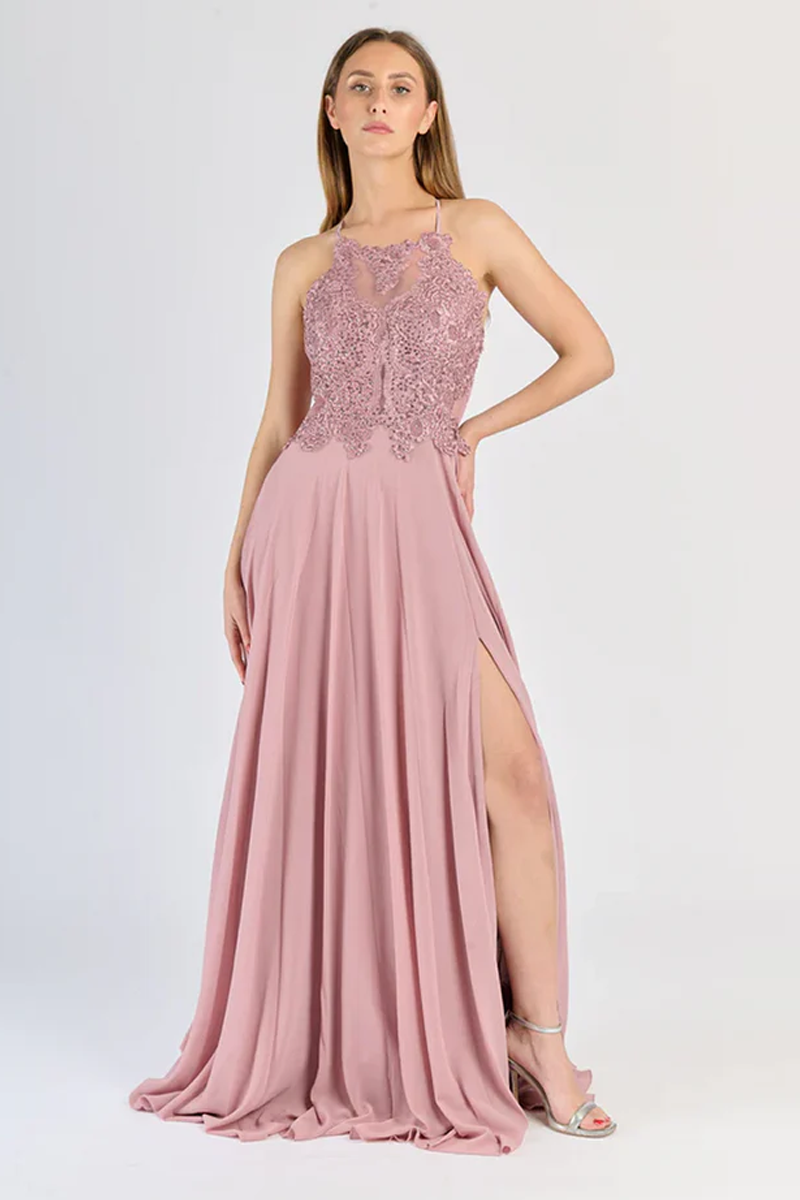 "Edera" Long Ceremony Dress with Lace Bodice and Side Slit