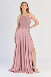 "Edera" Long Ceremony Dress with Lace Bodice and Side Slit