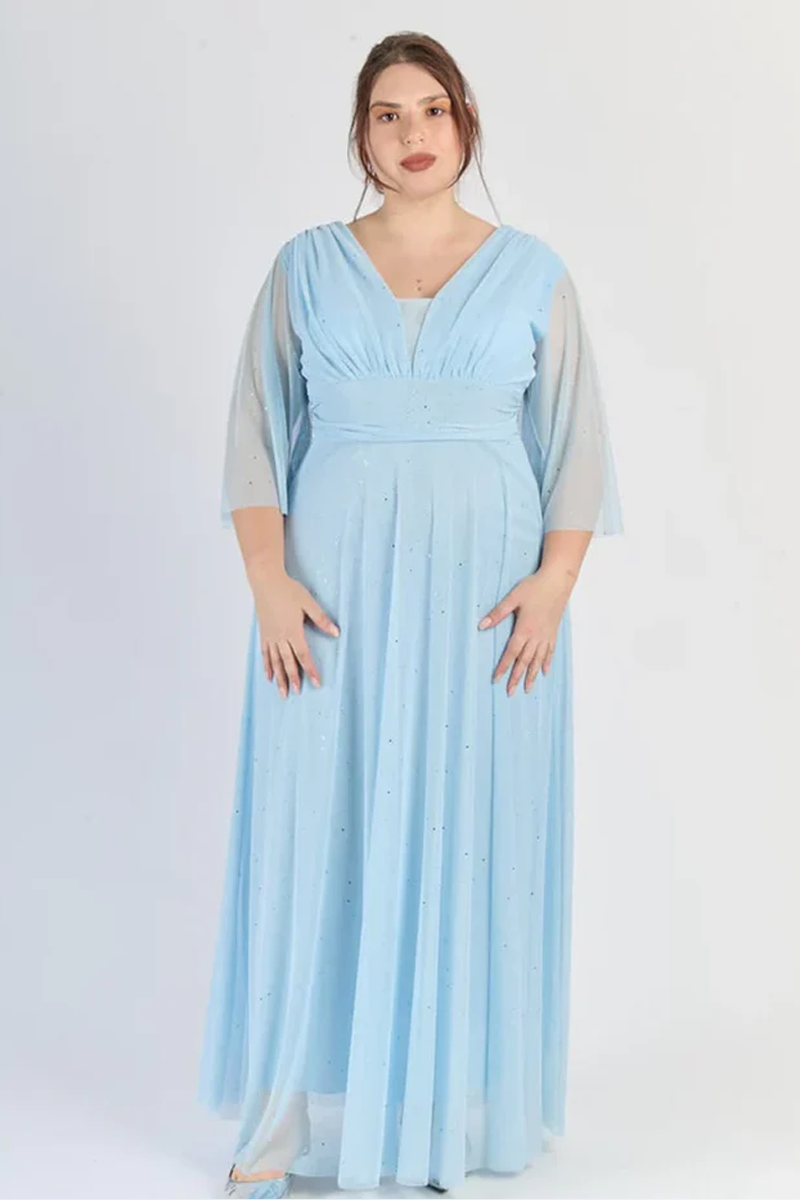 Rochie „Vellera” – Rochie lungă din tul cu sclipici și mâneci 3/4 (Mărimi mari)